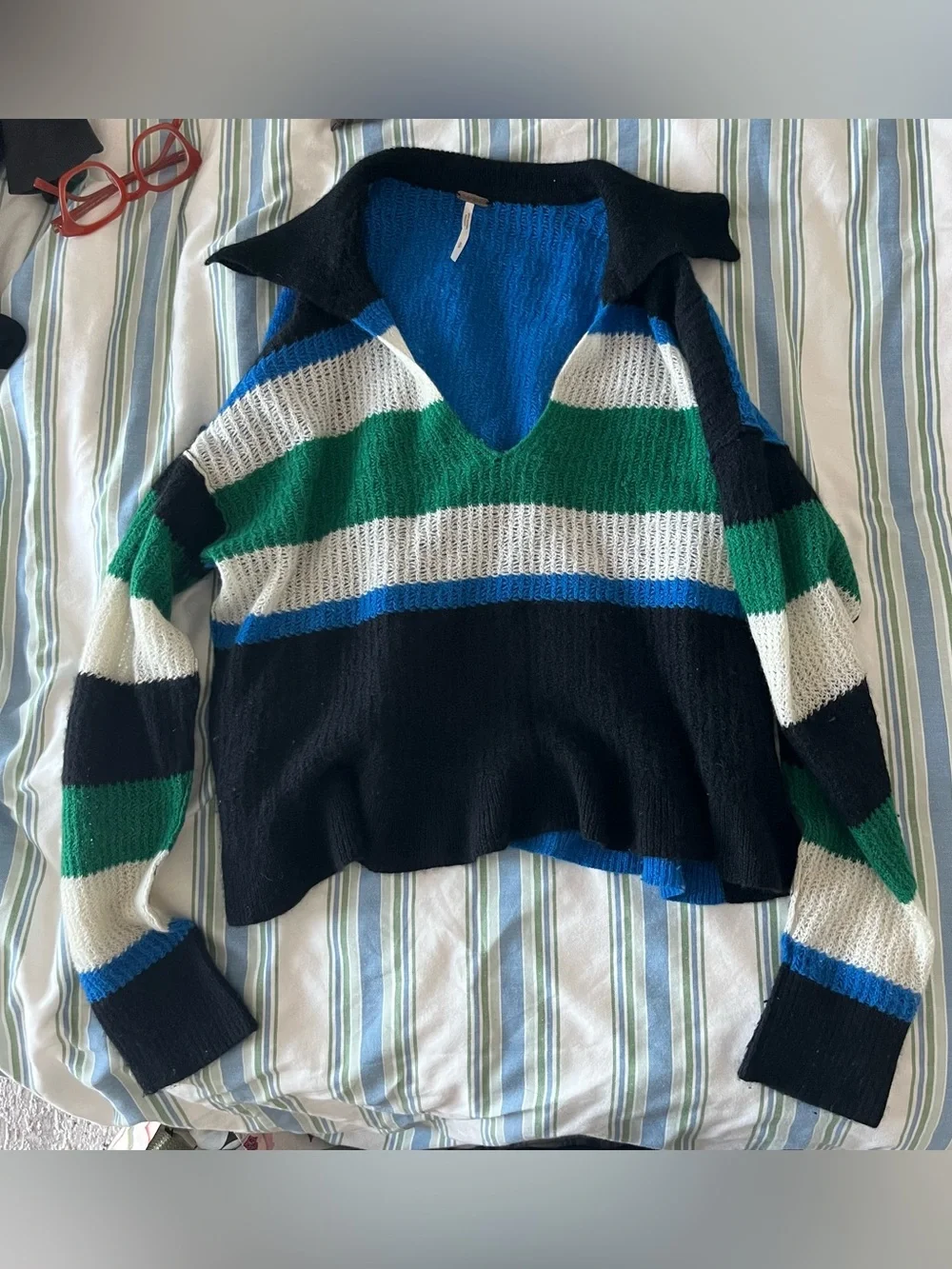 FREE PEOPLE Striped V-Neck Sweater in Black, Green & Blue - Picture 2 of 4